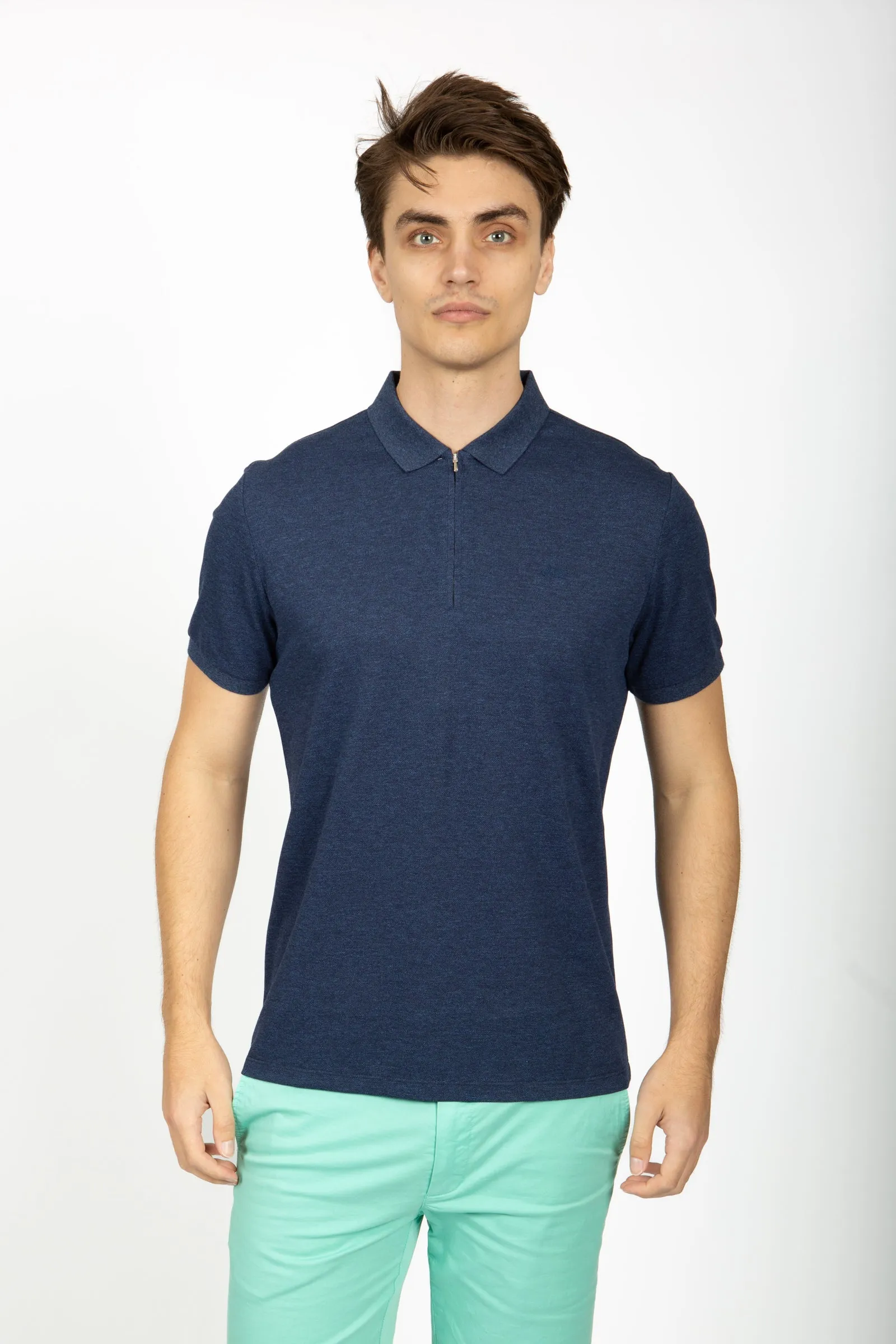 Navy Marle Cotton Pique Zip Polo