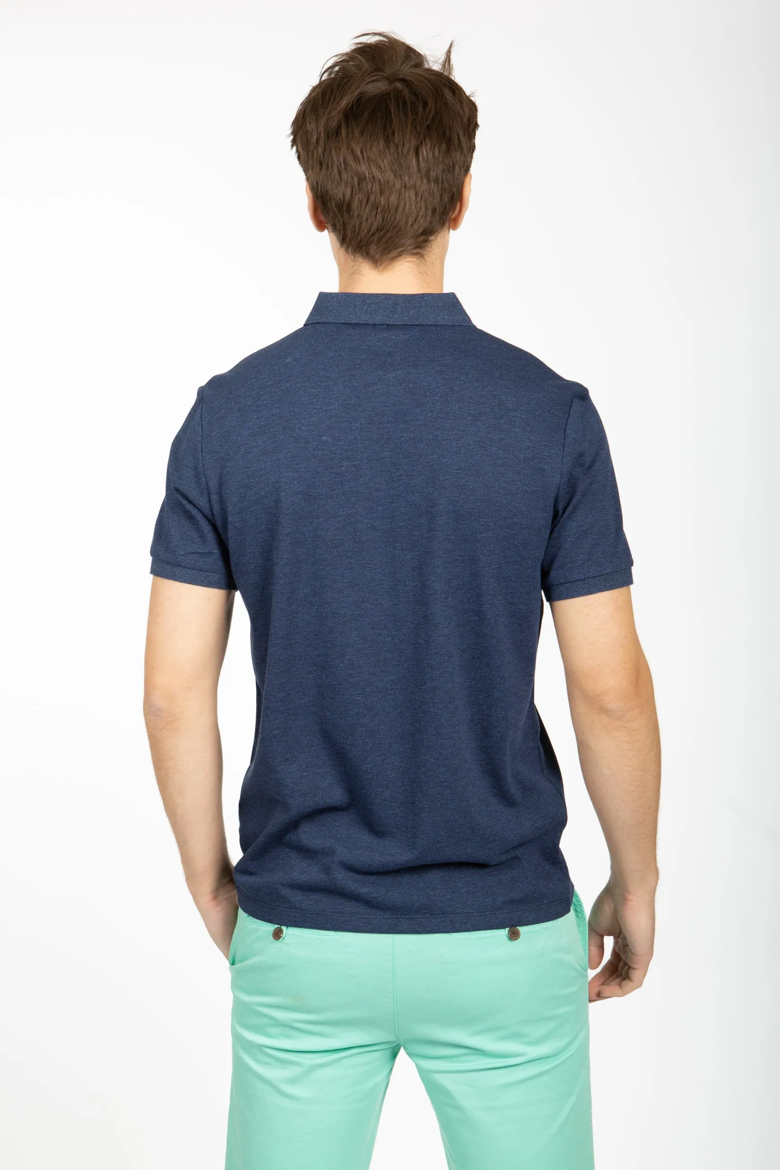 Navy Marle Cotton Pique Zip Polo