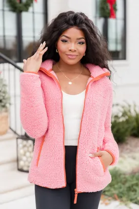 Nice As Can Be Pink And Orange Sherpa Zip Up Hooded Jacket FINAL SALE