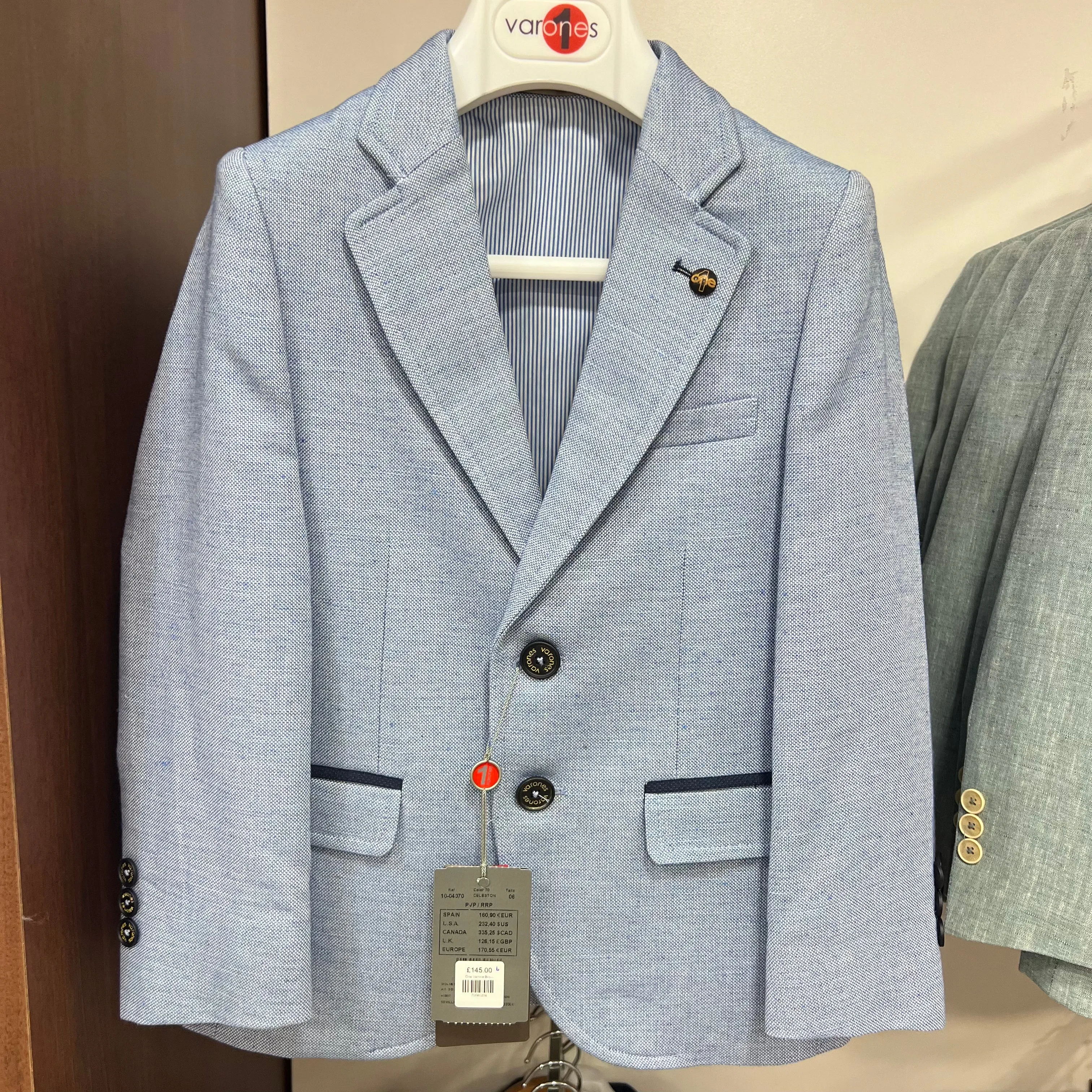 One Varones Boys Pale Blue With Navy Pocket Detailing Blazer