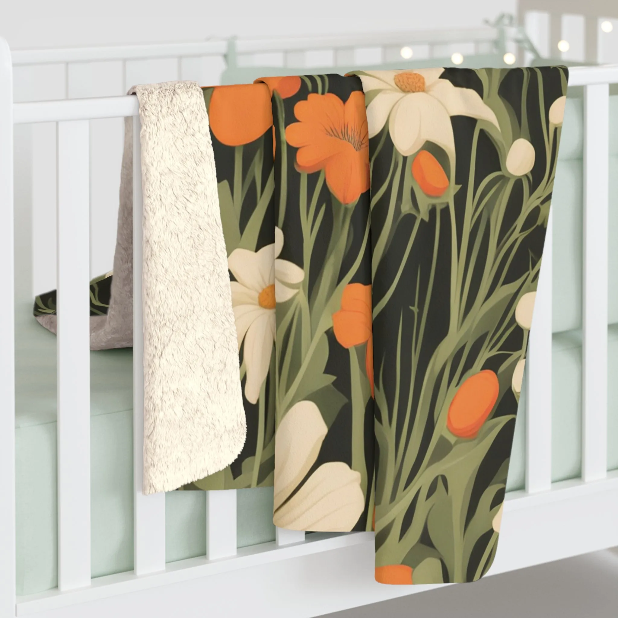 Orange and White Wildflowers, Sherpa Fleece Blanket for Cozy Warmth, 50"x60"