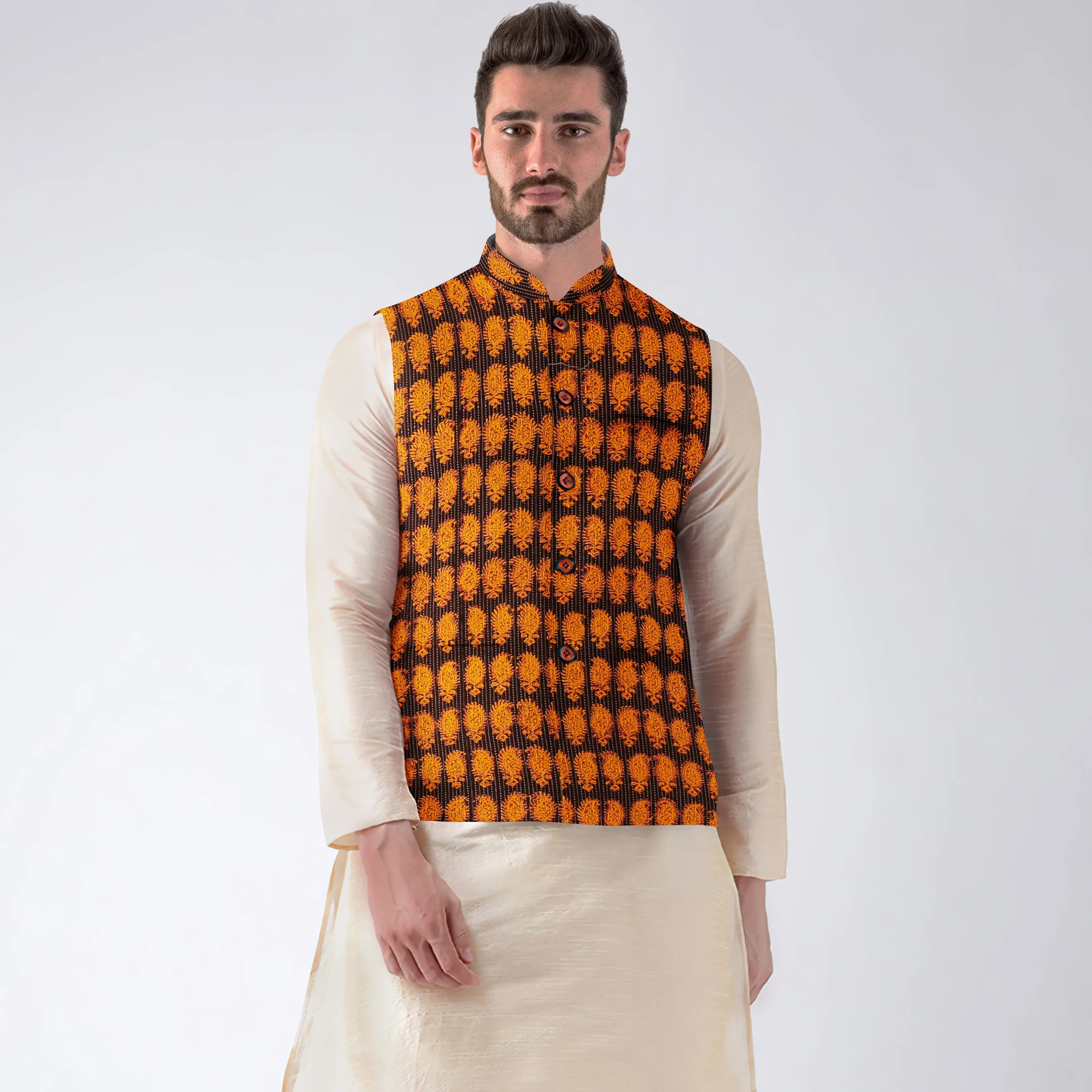 Orange - Men Nehru Jacket in Bagh Block Printing