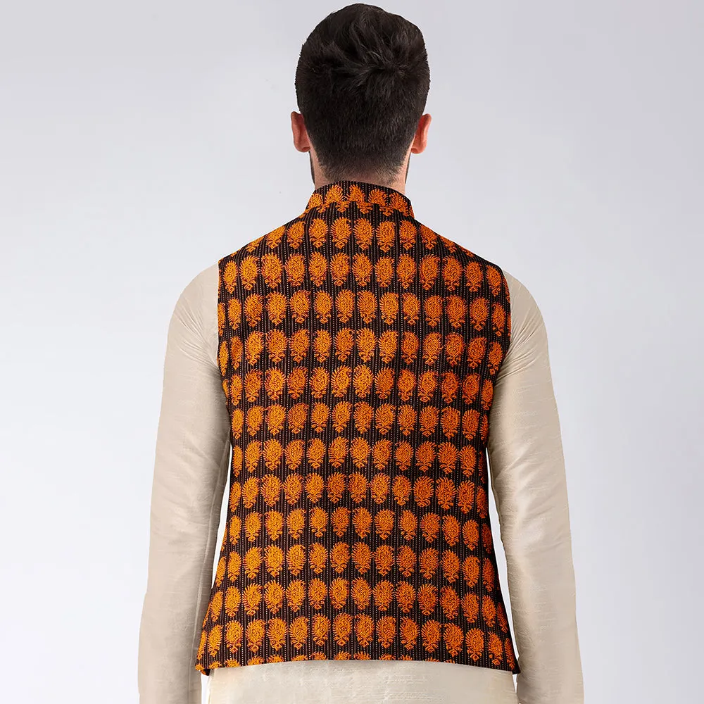 Orange - Men Nehru Jacket in Bagh Block Printing