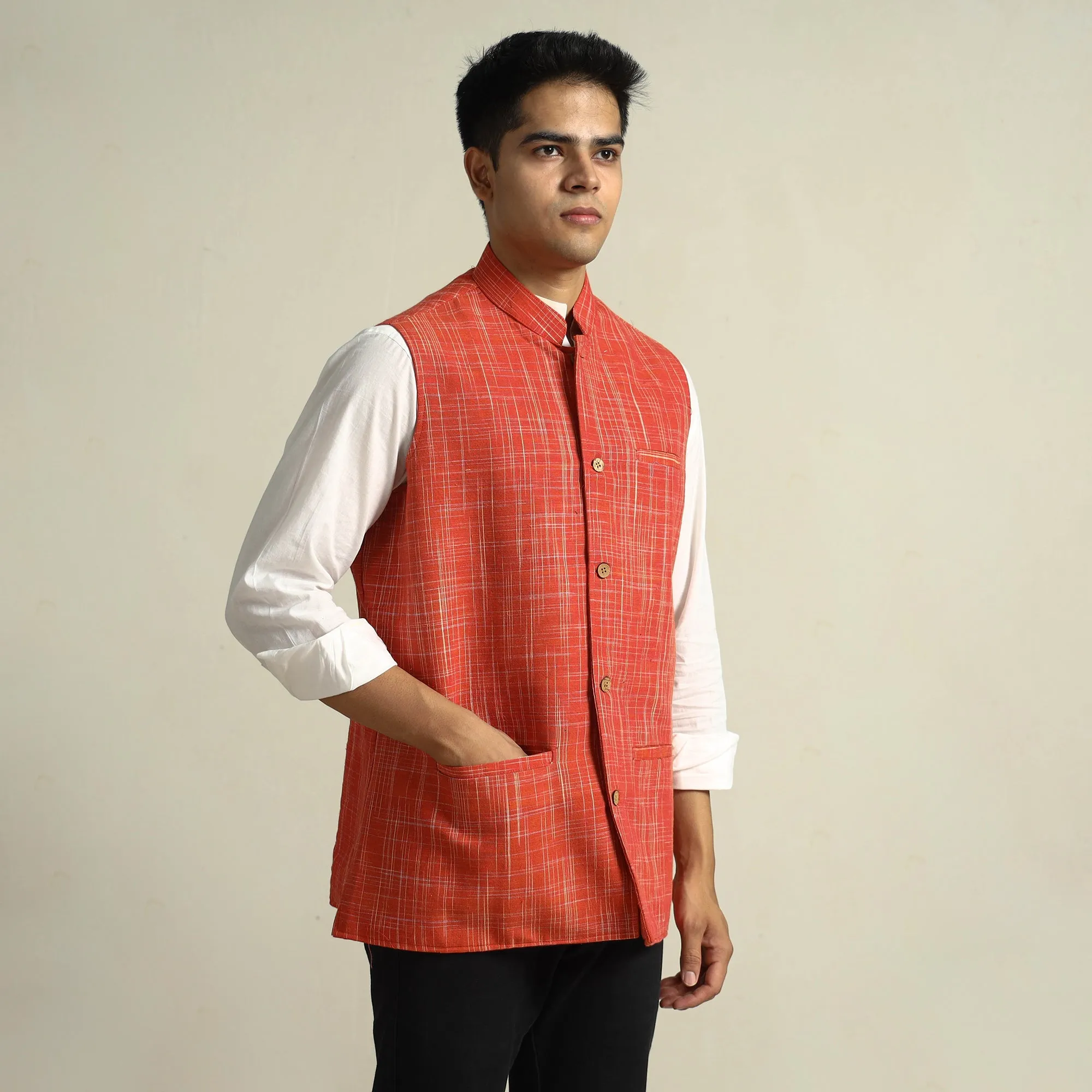 Orange - Pure Cotton Handloom Men Nehru Jacket 05