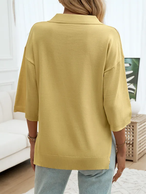 Oversized Solid Color Polo Neck Knit Top