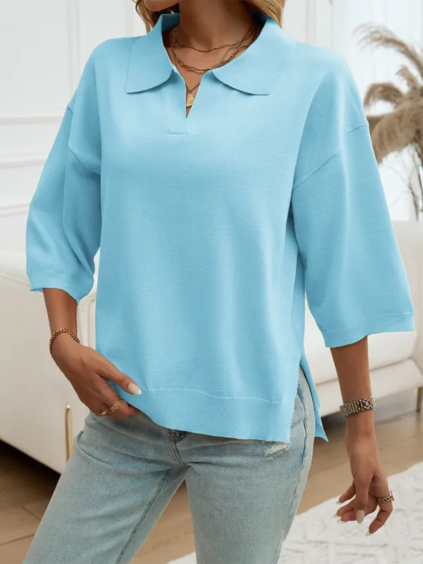 Oversized Solid Color Polo Neck Knit Top