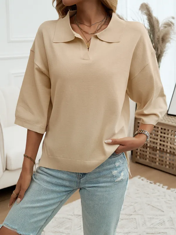 Oversized Solid Color Polo Neck Knit Top