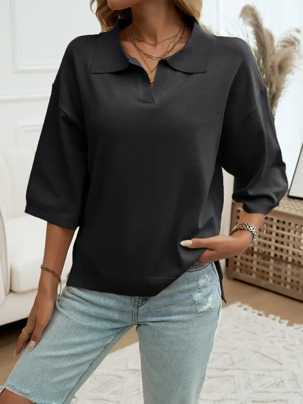 Oversized Solid Color Polo Neck Knit Top