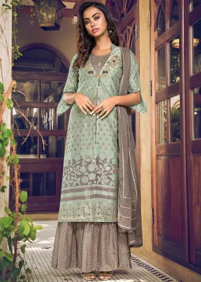 Palazzo Style Bluish Grey Embroidered Designer Suit