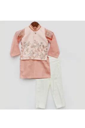 Peach Silk Kurta With Gota Embroidered Jacket Set