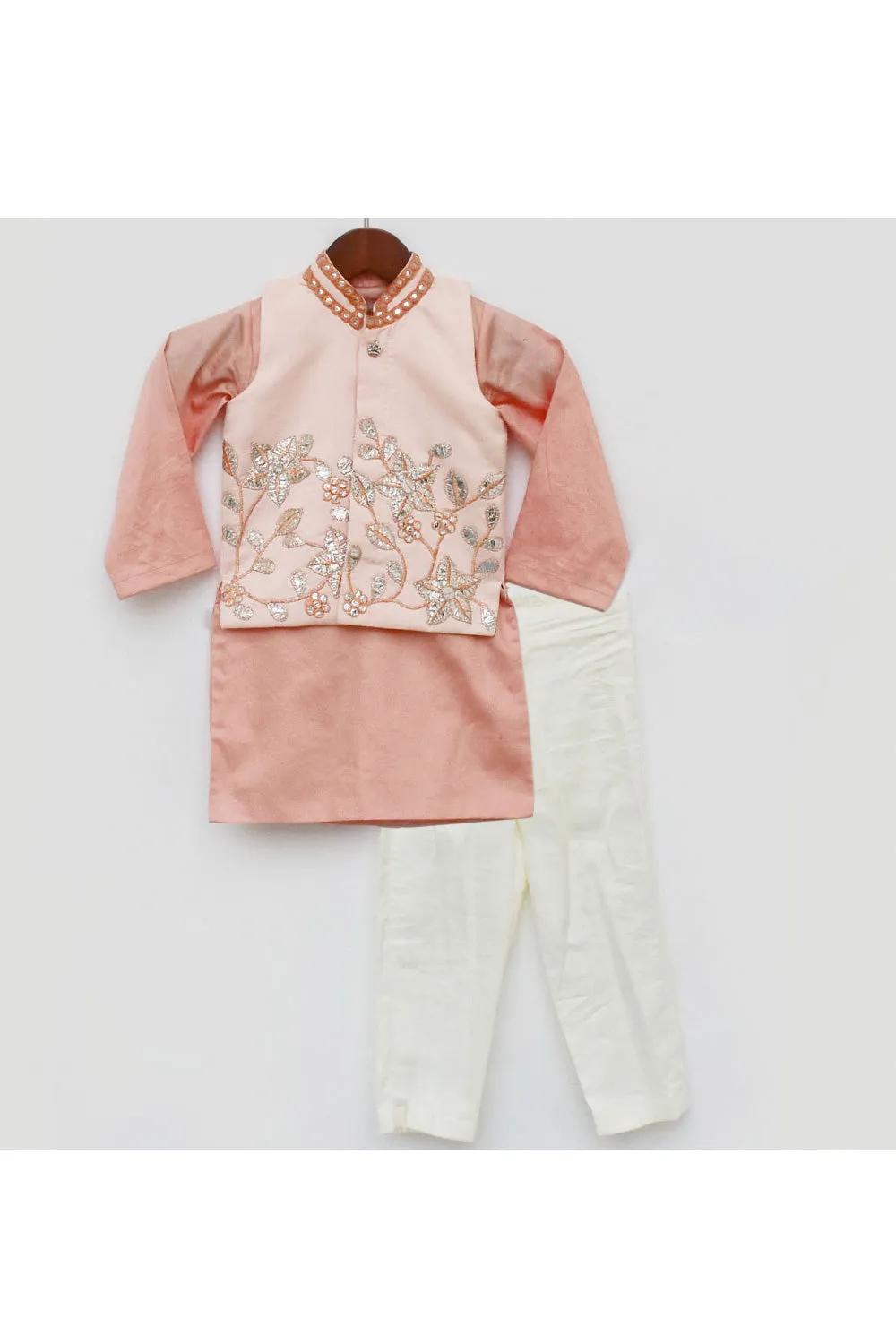 Peach Silk Kurta With Gota Embroidered Jacket Set