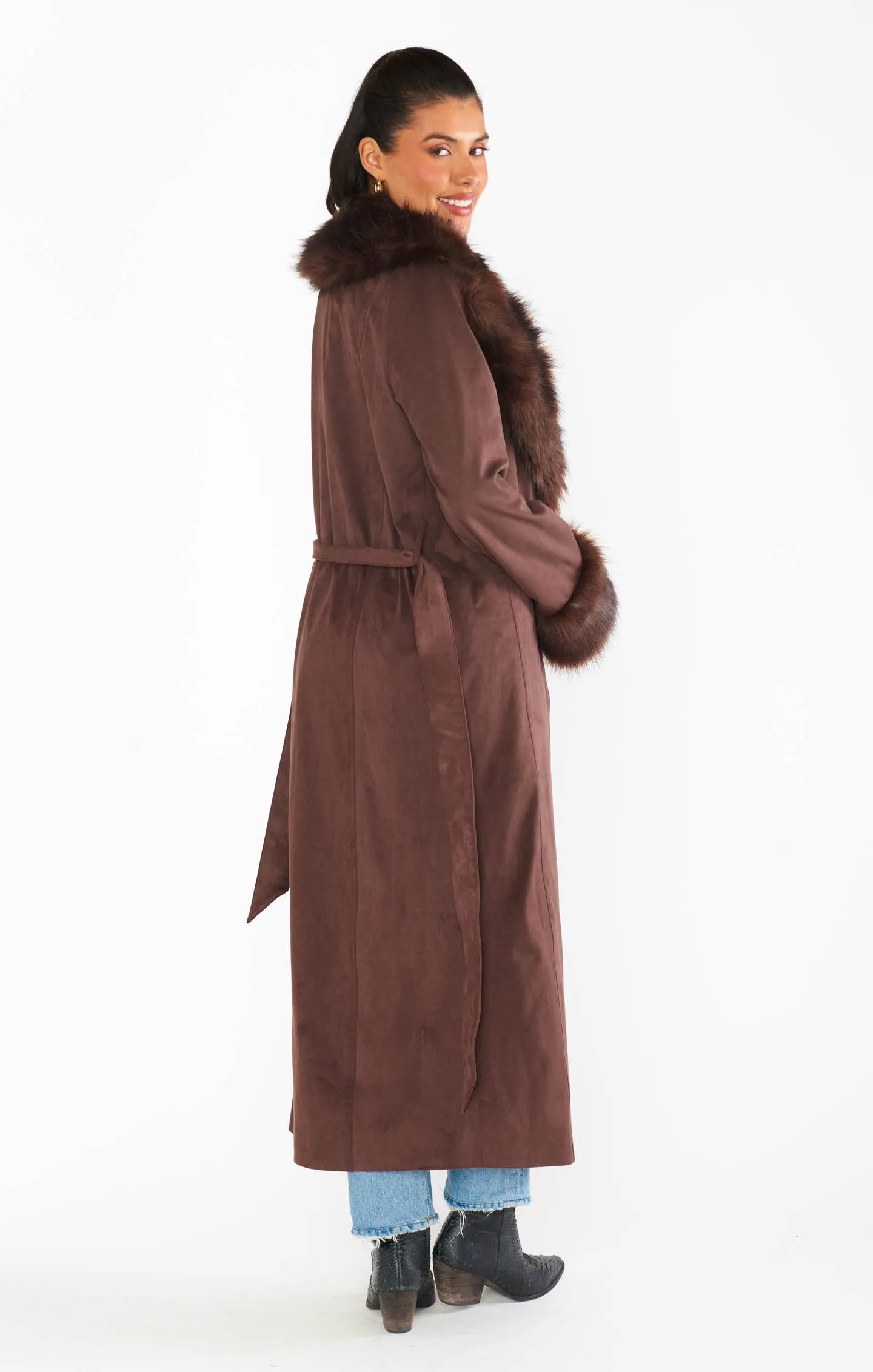 Penny Lane Long Coat ~ Cocoa Faux Suede with Faux Fur