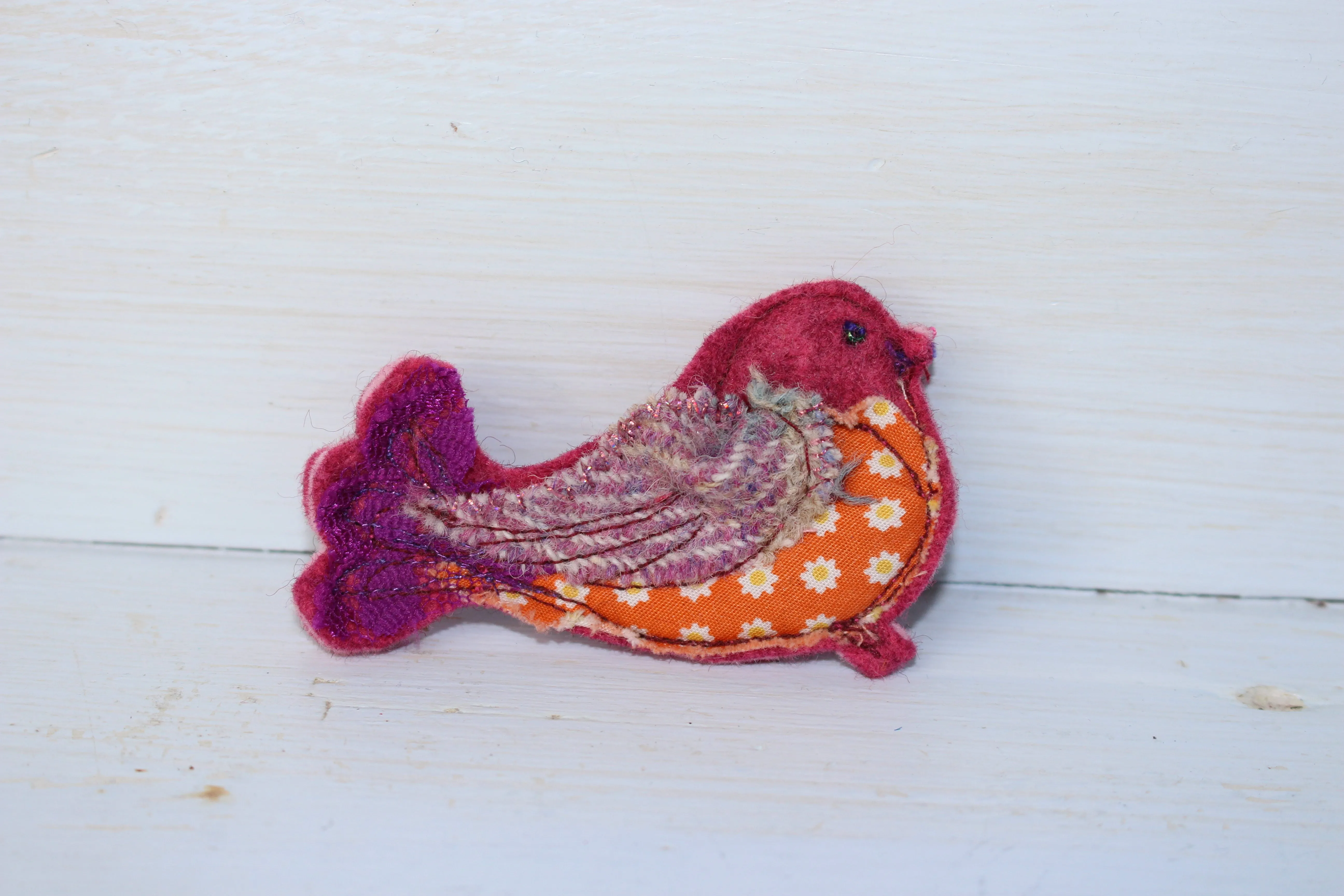 Pink and orange Floral Bird brooch