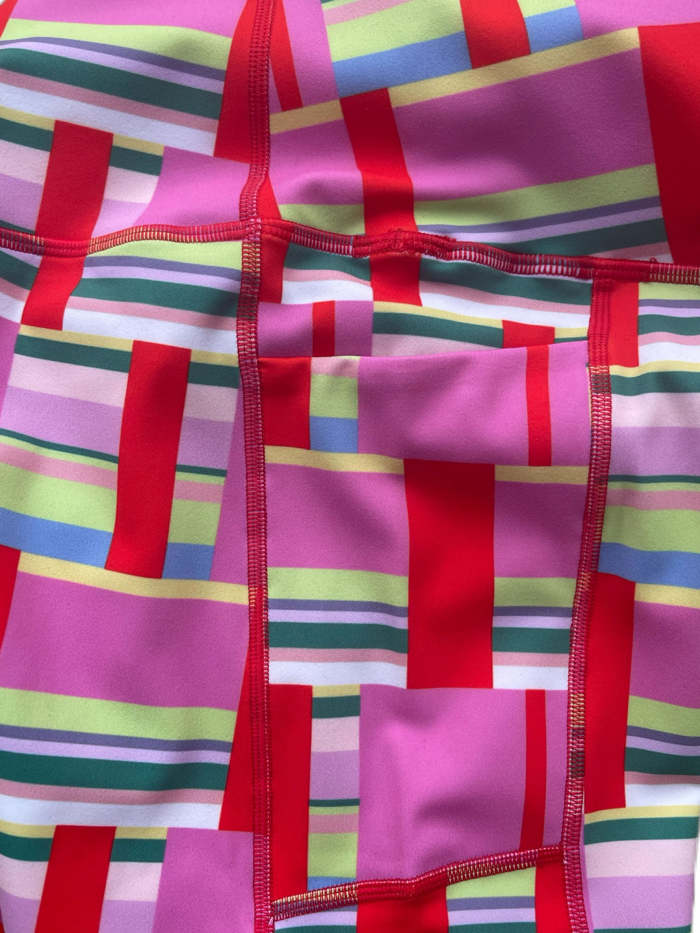 Pink and Red Striped Block print Leggings