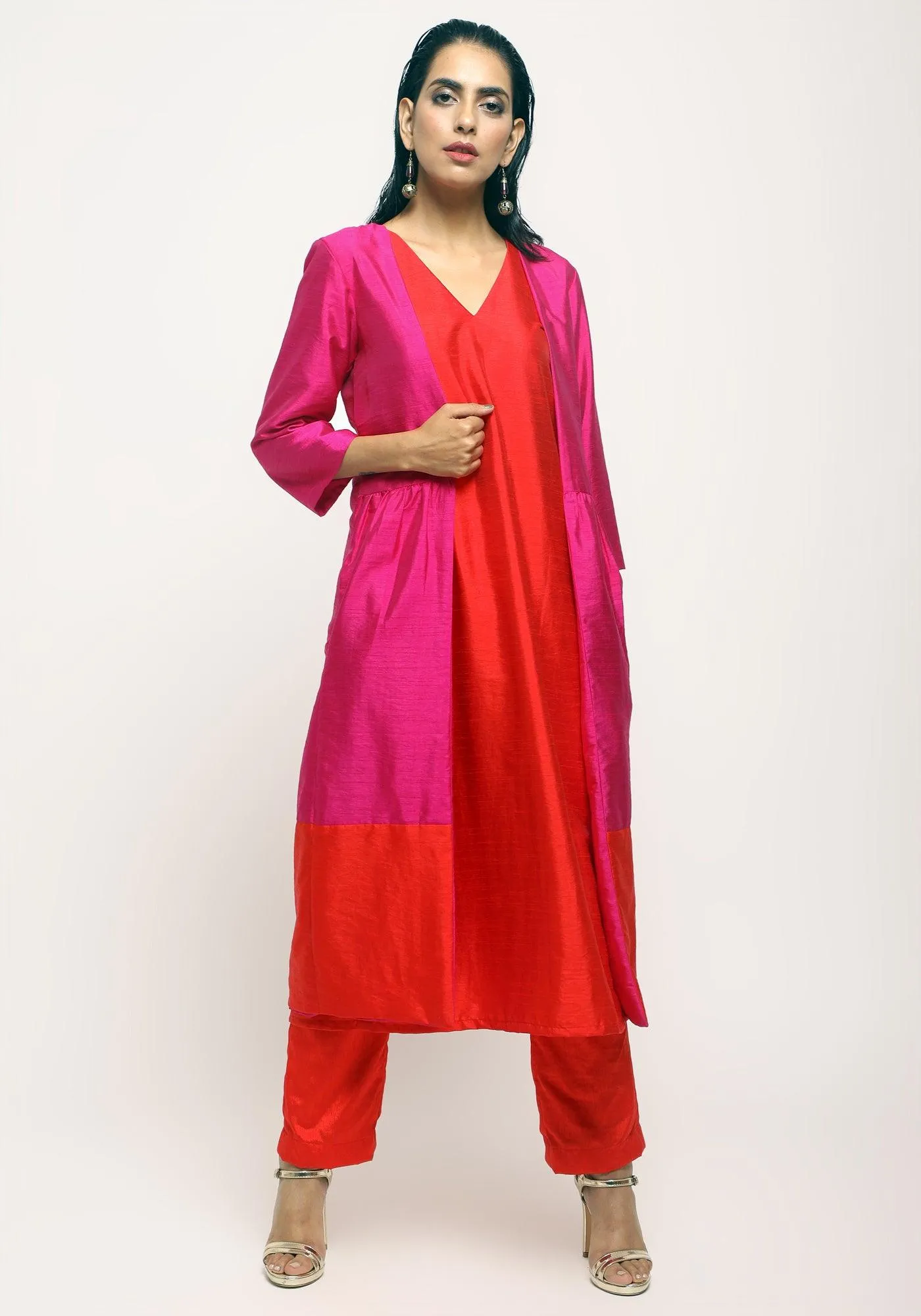 Pink Orange Jacket Kurta Set