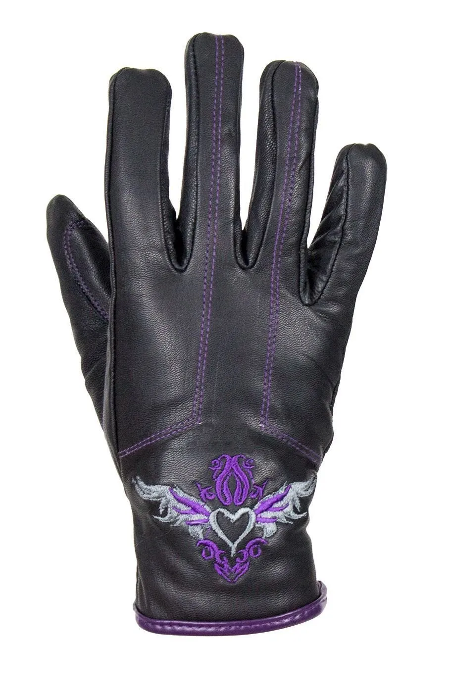 Purple-Heart Graphic Embroidered Leather Gloves, GLZ106-EBL1-PURP-DL