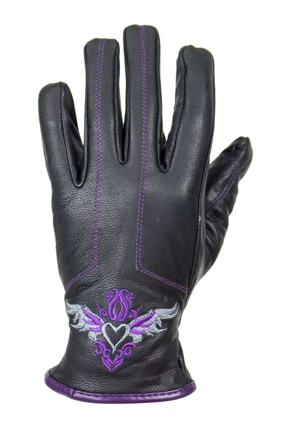 Purple-Heart Graphic Embroidered Leather Gloves, GLZ106-EBL1-PURP-DL