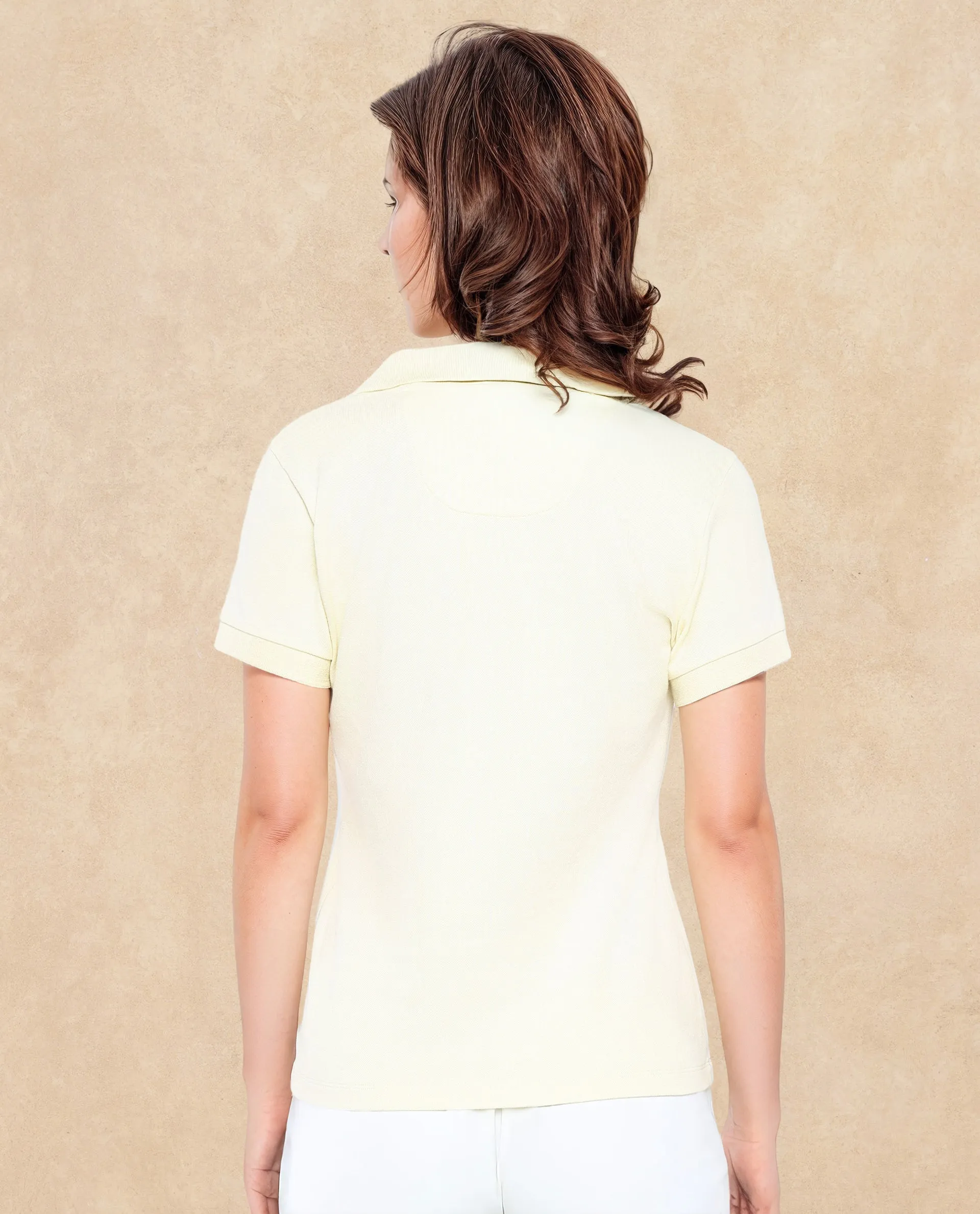 Rareism Women Van Light Yellow Cotton Lycra Fabric Short Sleeve Polo Collar Plain Polo