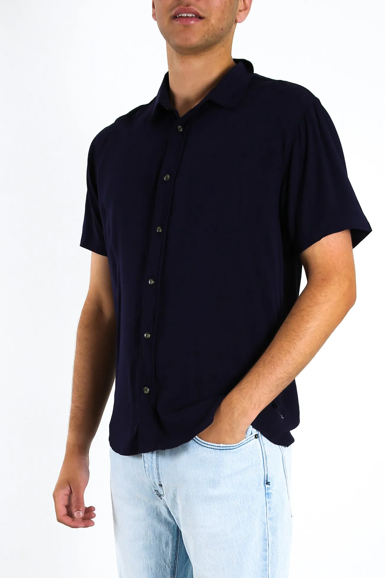 Razor Blade Short Sleeve Rayon Shirt Navy Blue