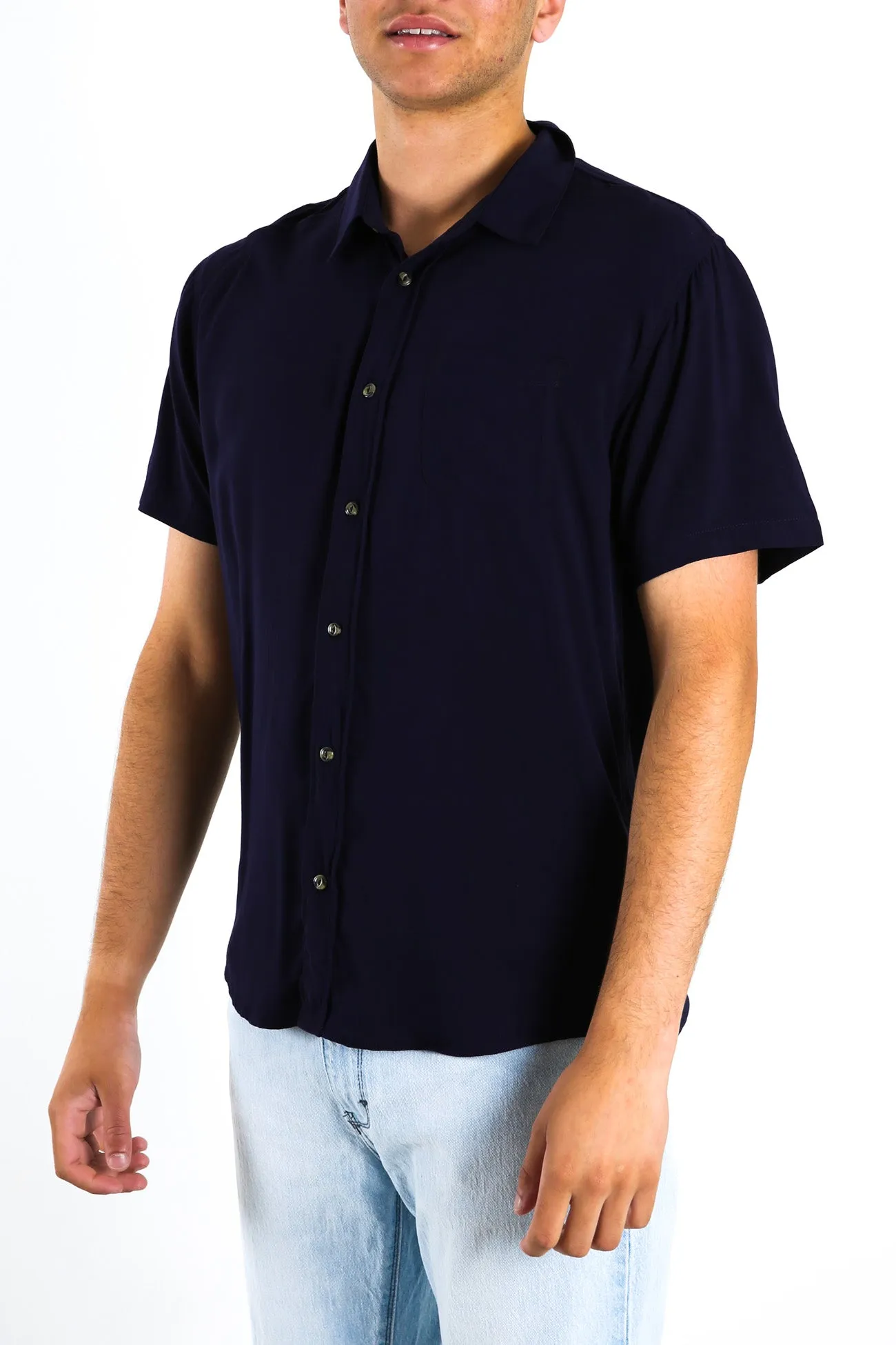 Razor Blade Short Sleeve Rayon Shirt Navy Blue