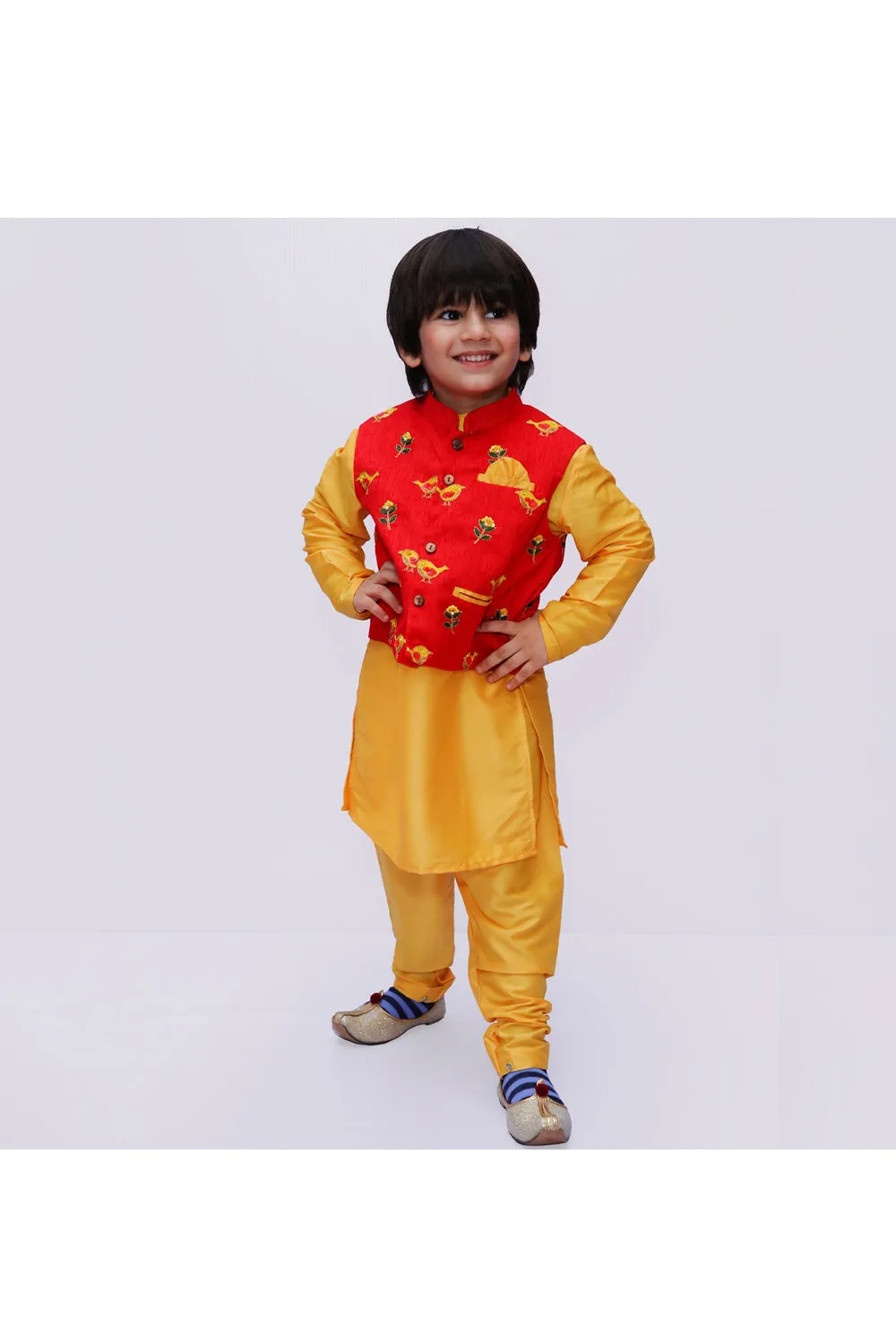 Red Bird Embroidered Jacket With Yellow Kurta Pyjama Set