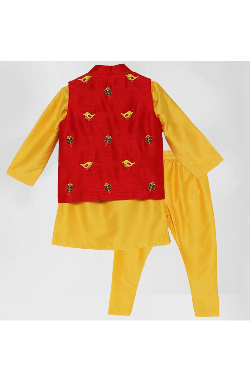 Red Bird Embroidered Jacket With Yellow Kurta Pyjama Set