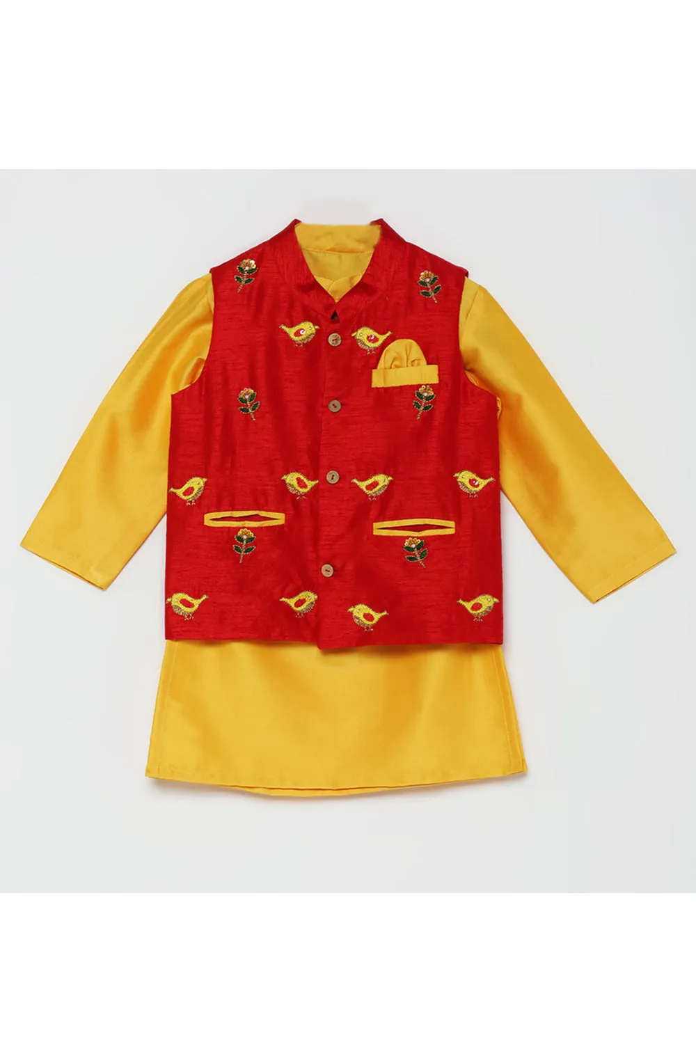 Red Bird Embroidered Jacket With Yellow Kurta Pyjama Set