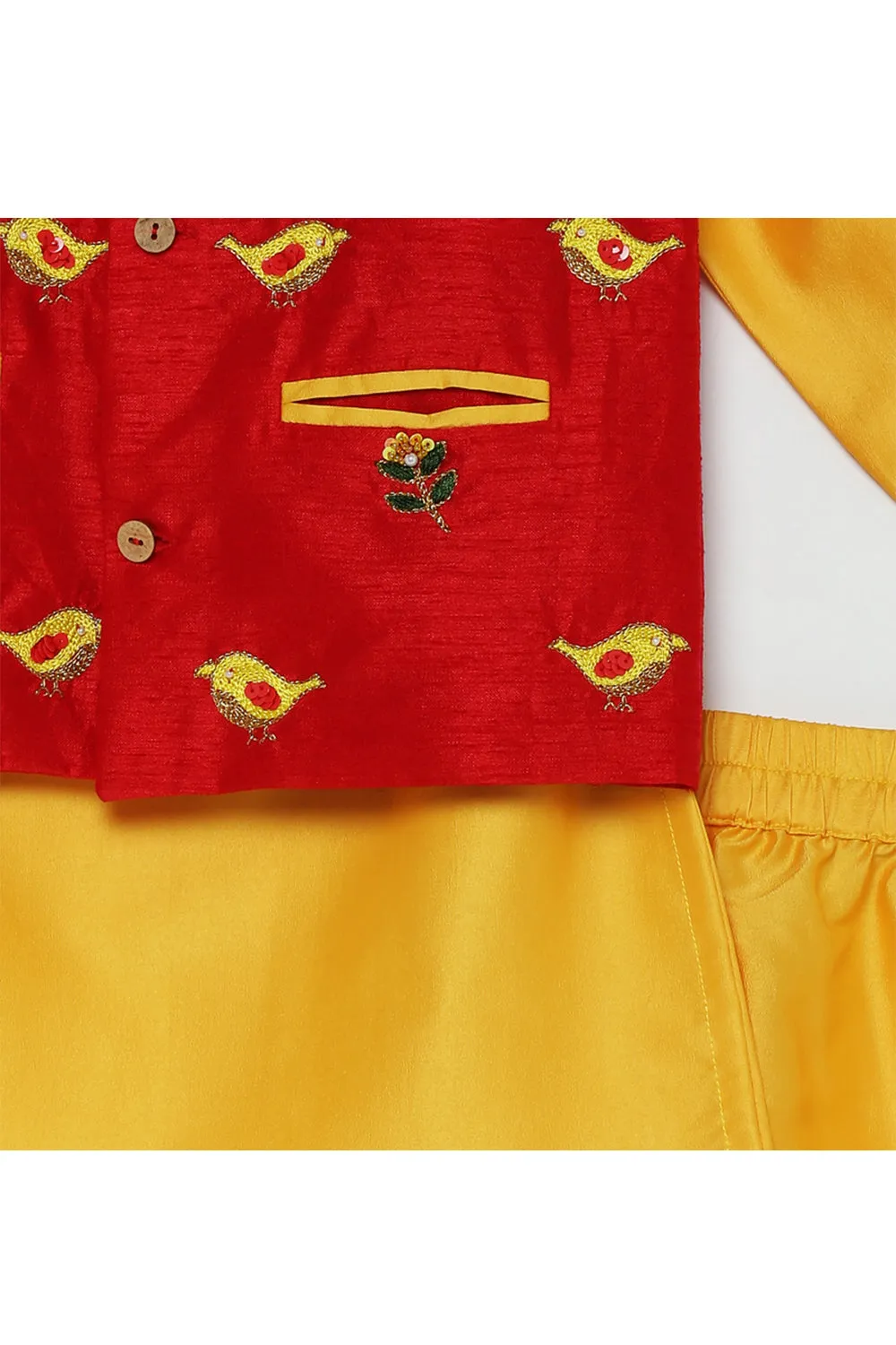 Red Bird Embroidered Jacket With Yellow Kurta Pyjama Set