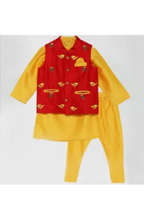 Red Bird Embroidered Jacket With Yellow Kurta Pyjama Set