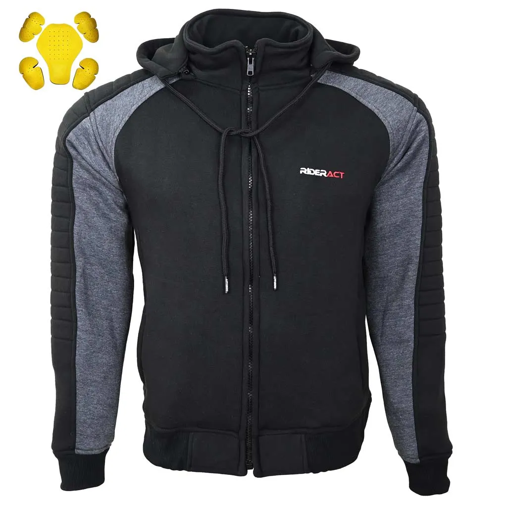 RIDERACT® Mens Motorcycle Hoodie Grey Black Hoodie Warden Reinforced