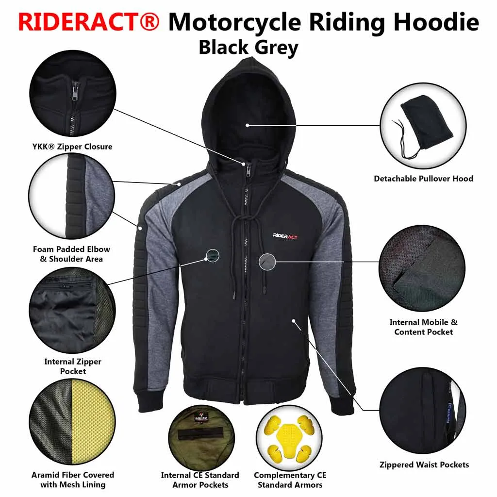 RIDERACT® Mens Motorcycle Hoodie Grey Black Hoodie Warden Reinforced