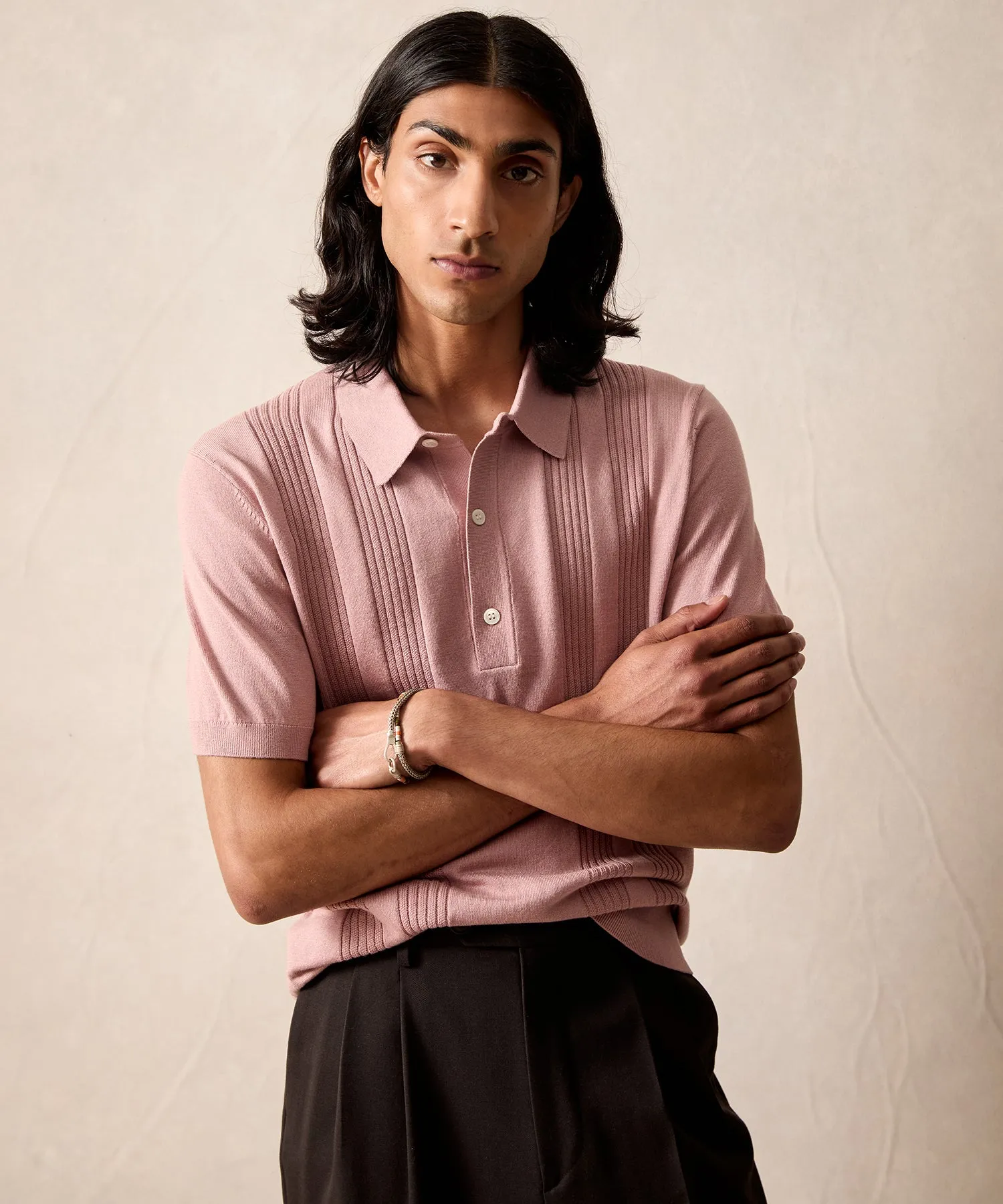 Silk Cotton Ribbed Polo in Mauve