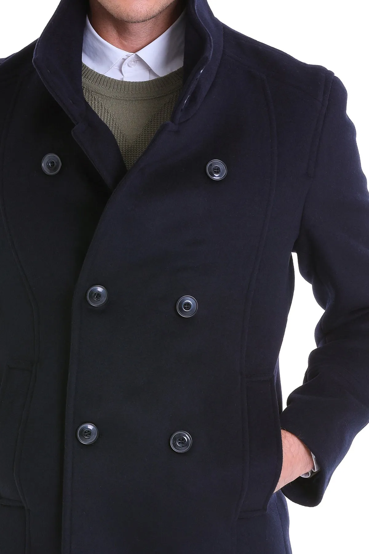 Slim Fit Cachet Double Breasted Navy Wool Blend Coat