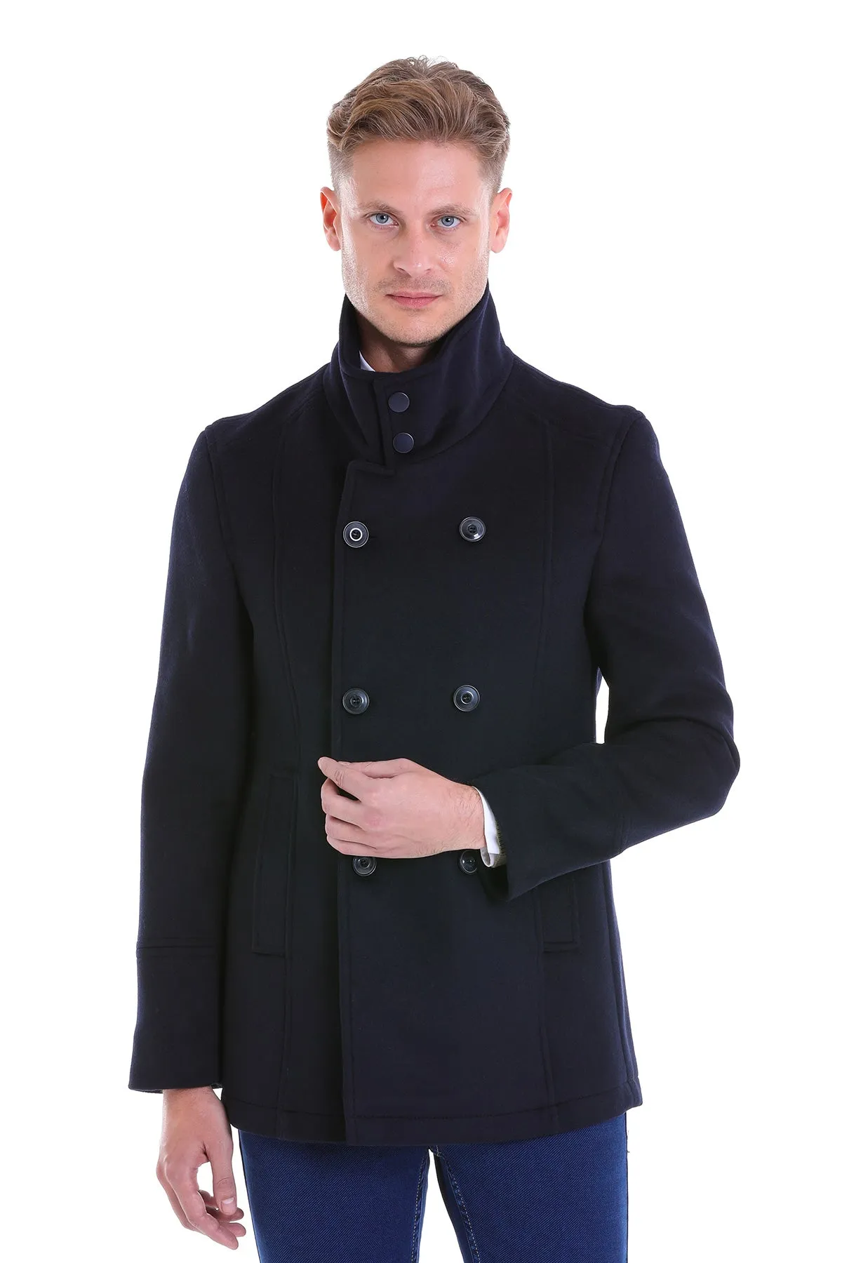 Slim Fit Cachet Double Breasted Navy Wool Blend Coat