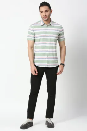 Slim Fit Cotton Oxford Weft Stripe Halfsleeves Shirt