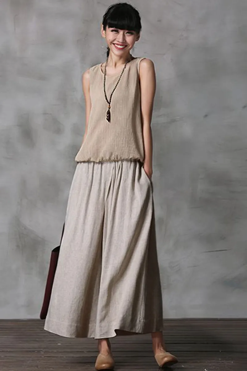 Summer Women Casual Wide Leg Dress Pants Cropped Trousers K7054