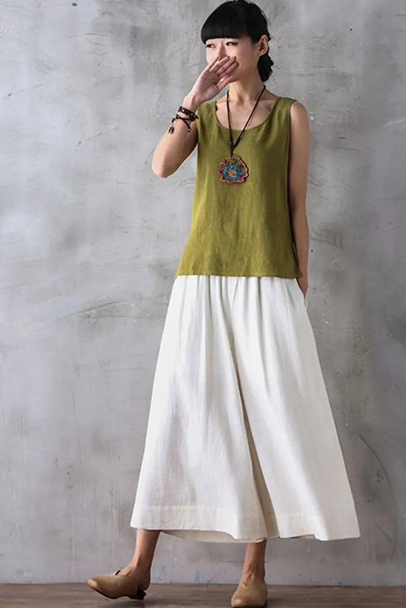 Summer Women Casual Wide Leg Dress Pants Cropped Trousers K7054