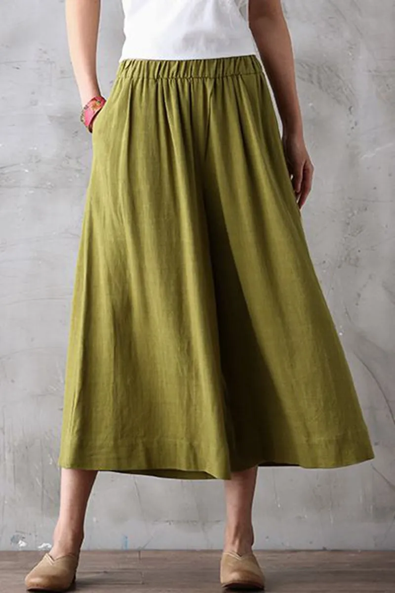 Summer Women Casual Wide Leg Dress Pants Cropped Trousers K7054