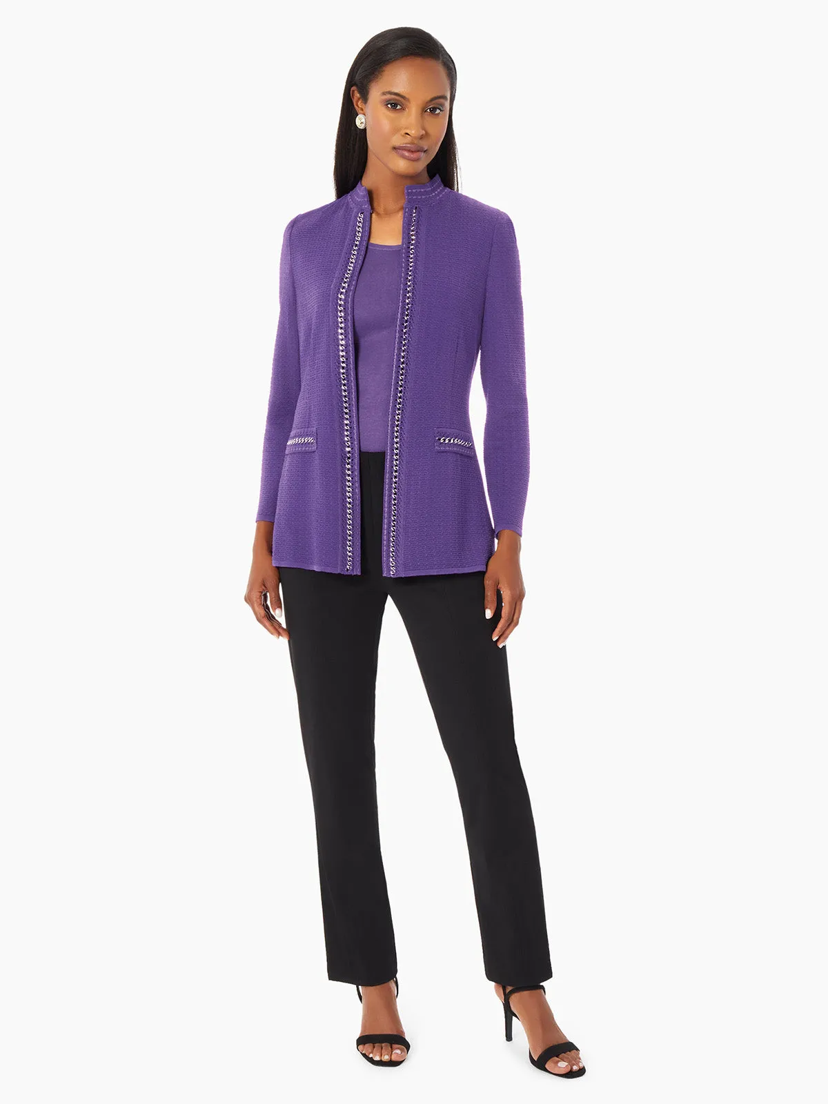 Tailored Fit Crocheted Chain Trim Textured Knit Jacket