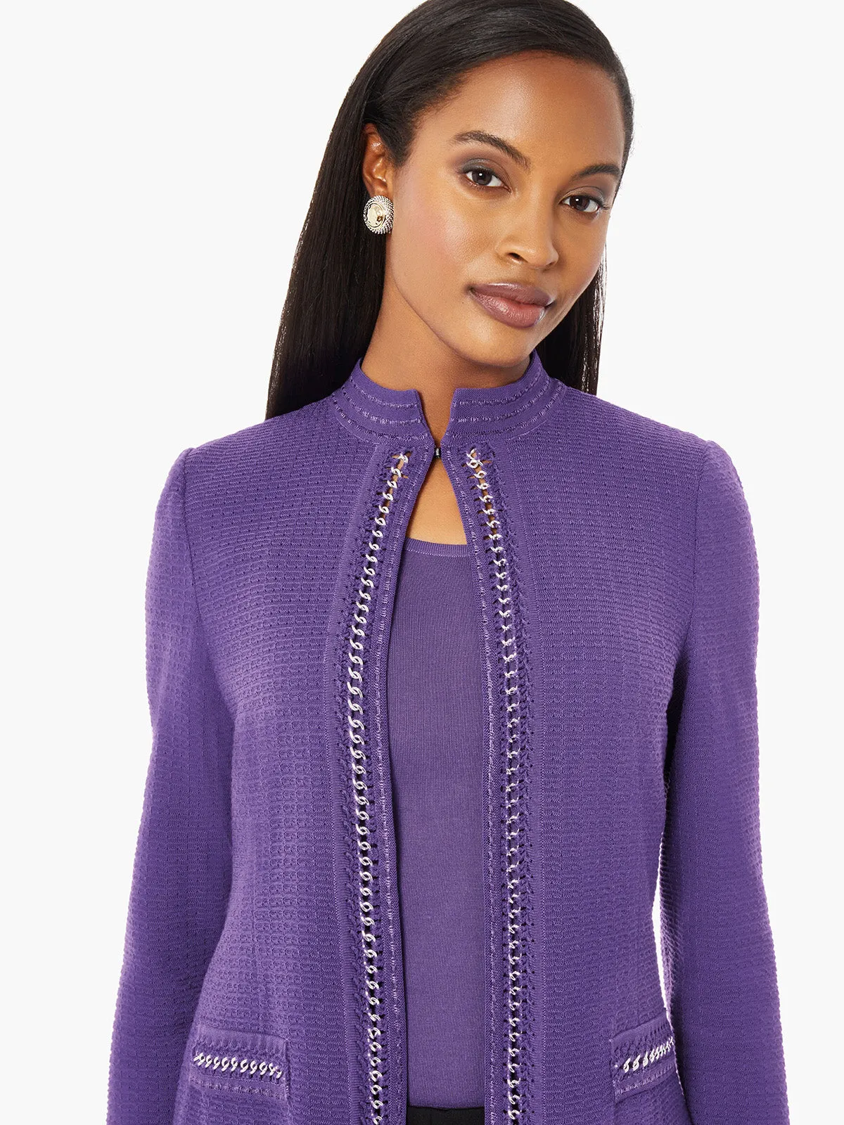 Tailored Fit Crocheted Chain Trim Textured Knit Jacket