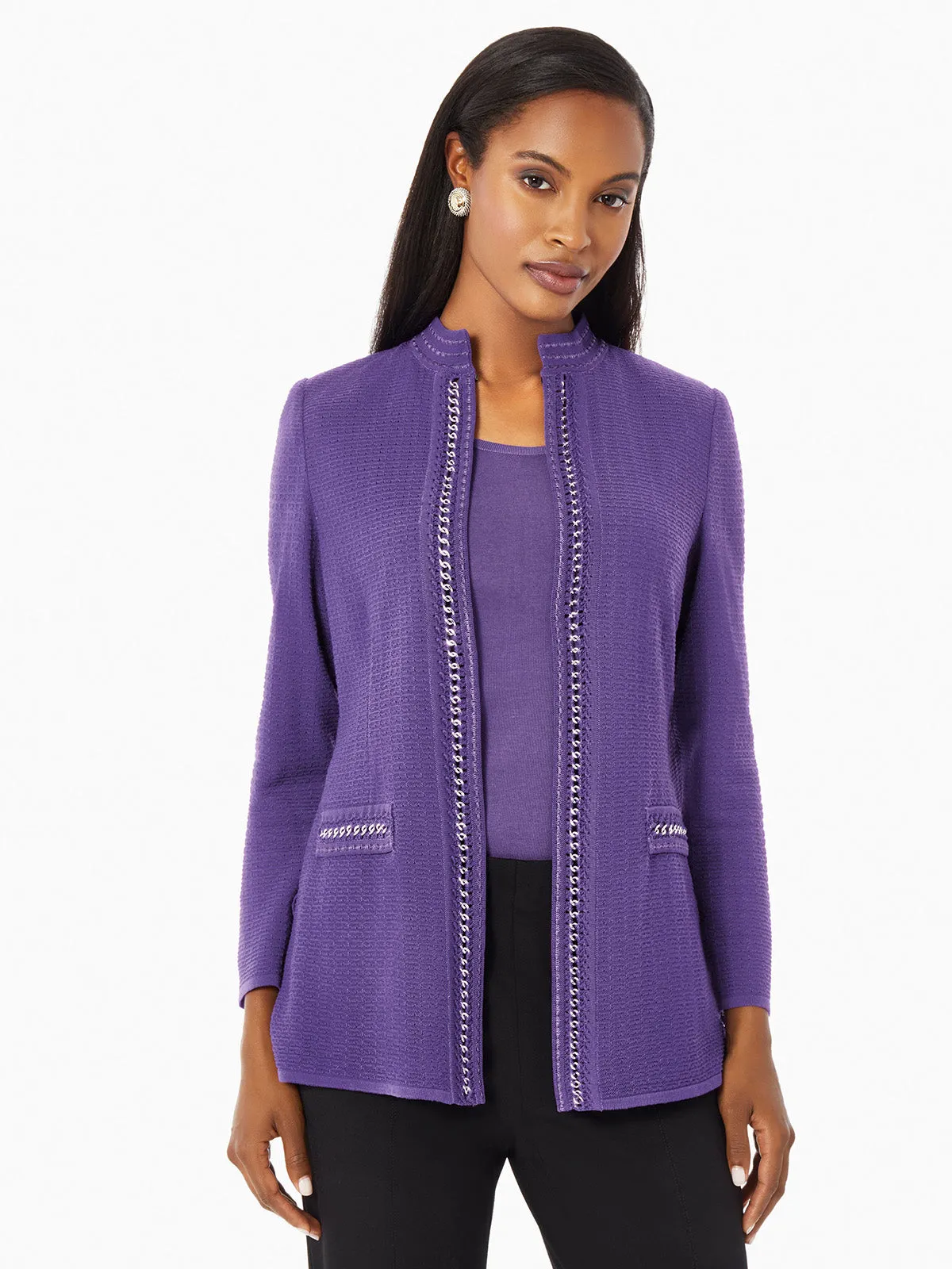 Tailored Fit Crocheted Chain Trim Textured Knit Jacket