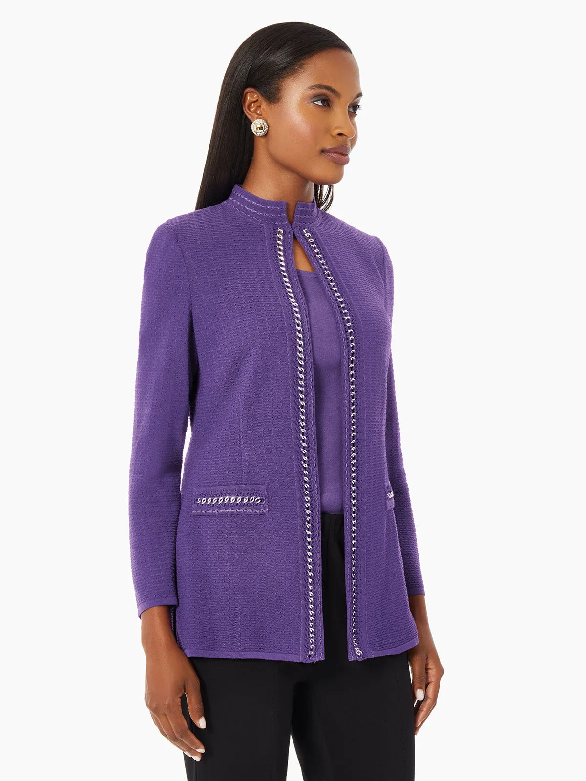 Tailored Fit Crocheted Chain Trim Textured Knit Jacket