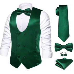 Ties2you Double Breasted Vest Hunter Green Solid Business Mens Vest Tie Bowtie Set 5PC