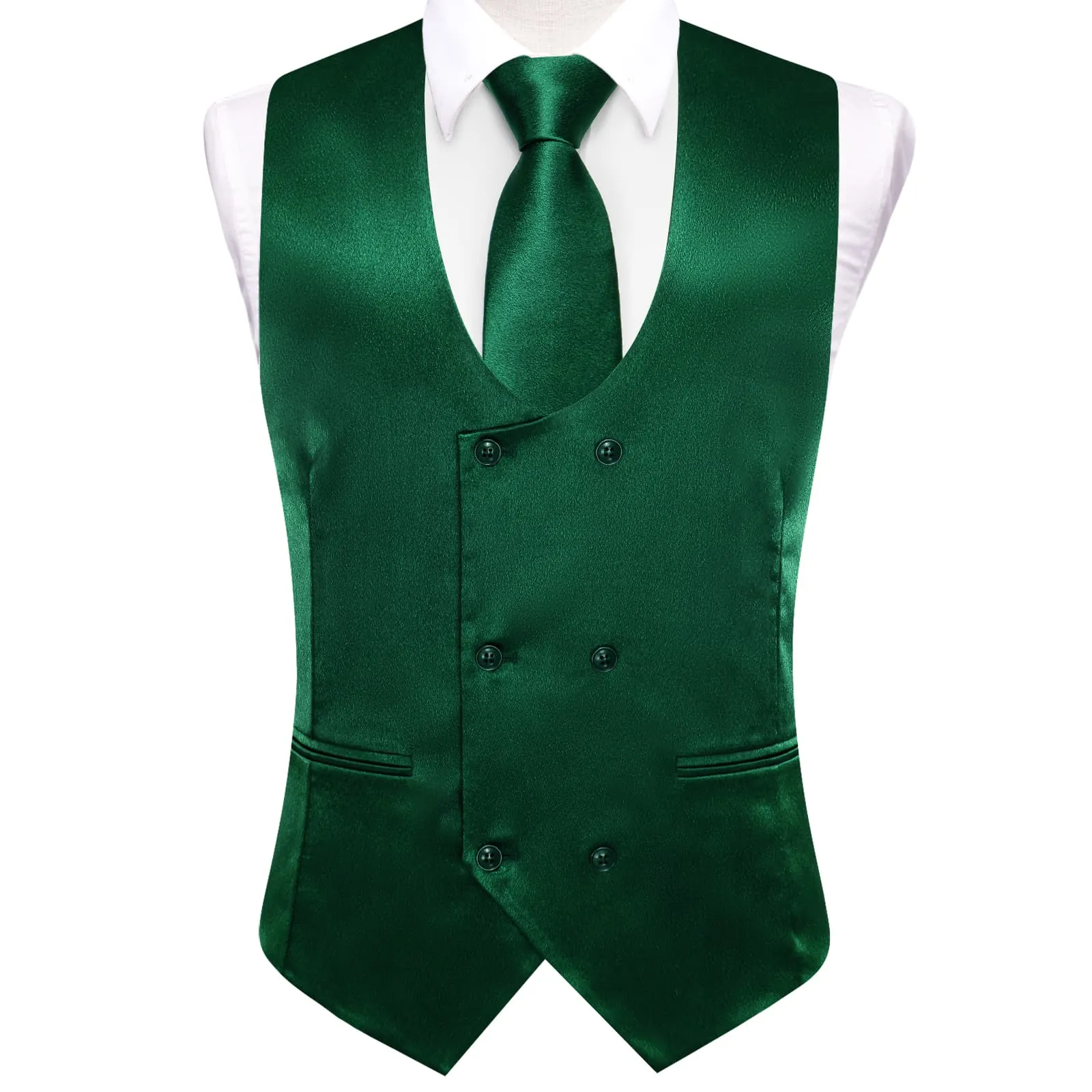 Ties2you Double Breasted Vest Hunter Green Solid Business Mens Vest Tie Bowtie Set 5PC