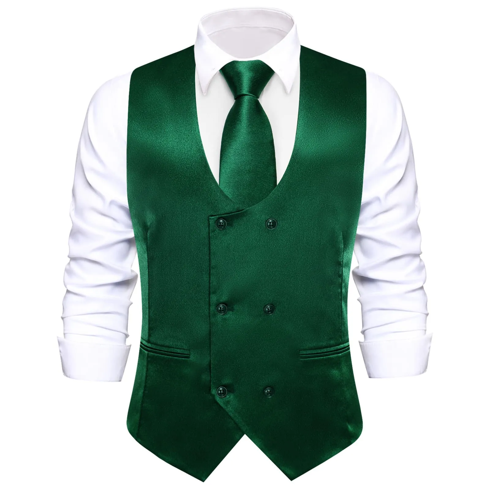 Ties2you Double Breasted Vest Hunter Green Solid Business Mens Vest Tie Bowtie Set 5PC