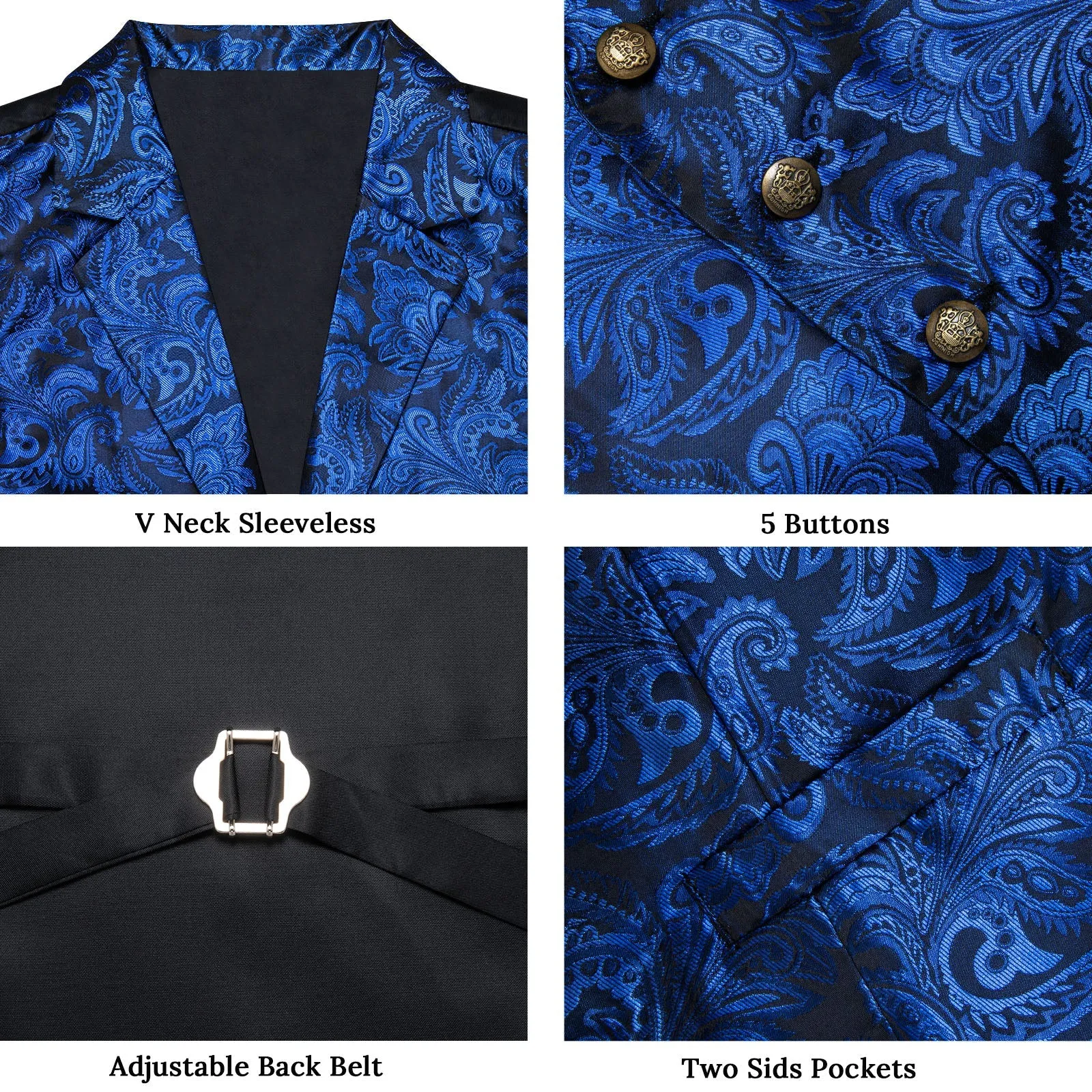 Ties2you Men's Suit Vest Royal Blue Paisley Notched Collar Vest Tie Hanky Cufflinks Set Waistcoat Set