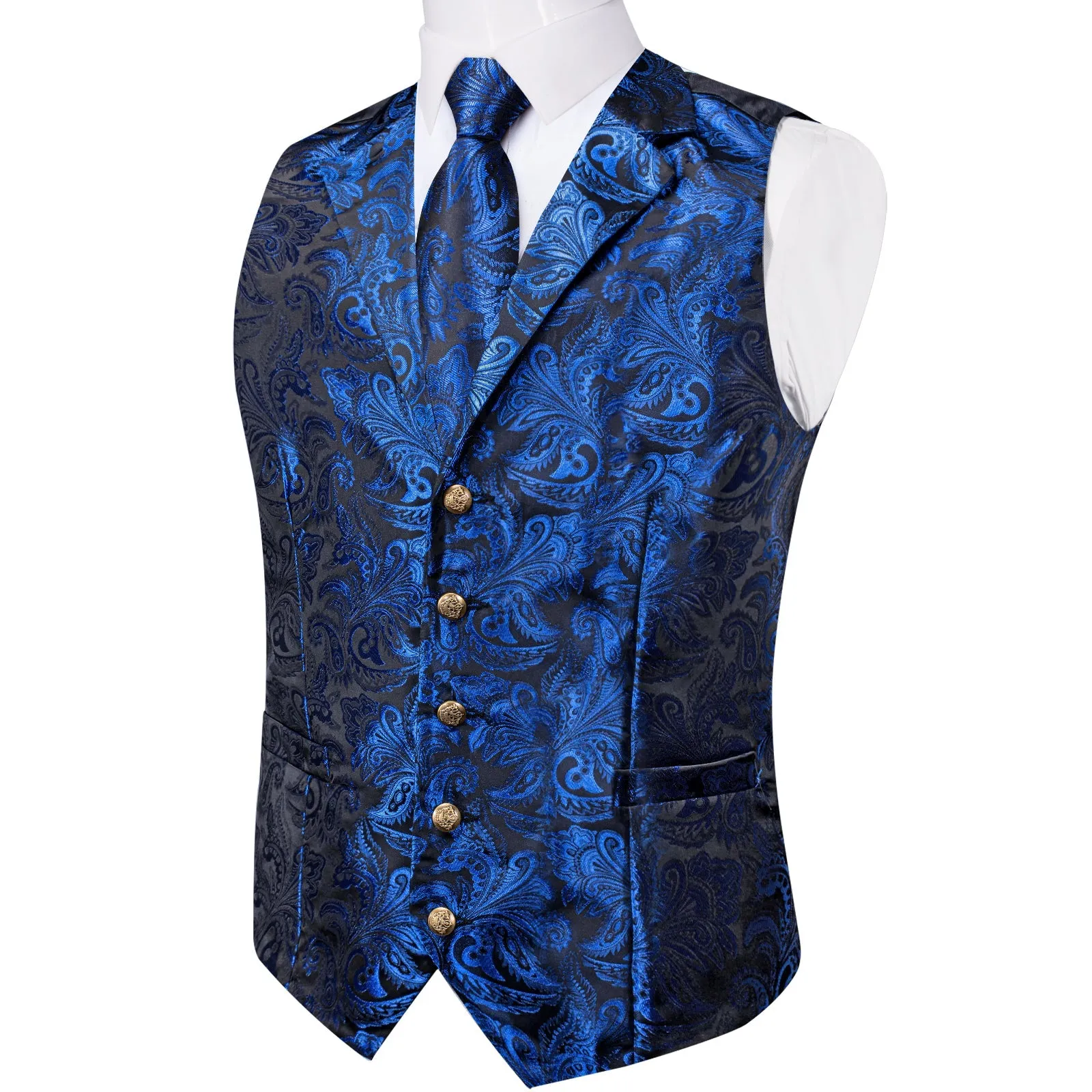 Ties2you Men's Suit Vest Royal Blue Paisley Notched Collar Vest Tie Hanky Cufflinks Set Waistcoat Set