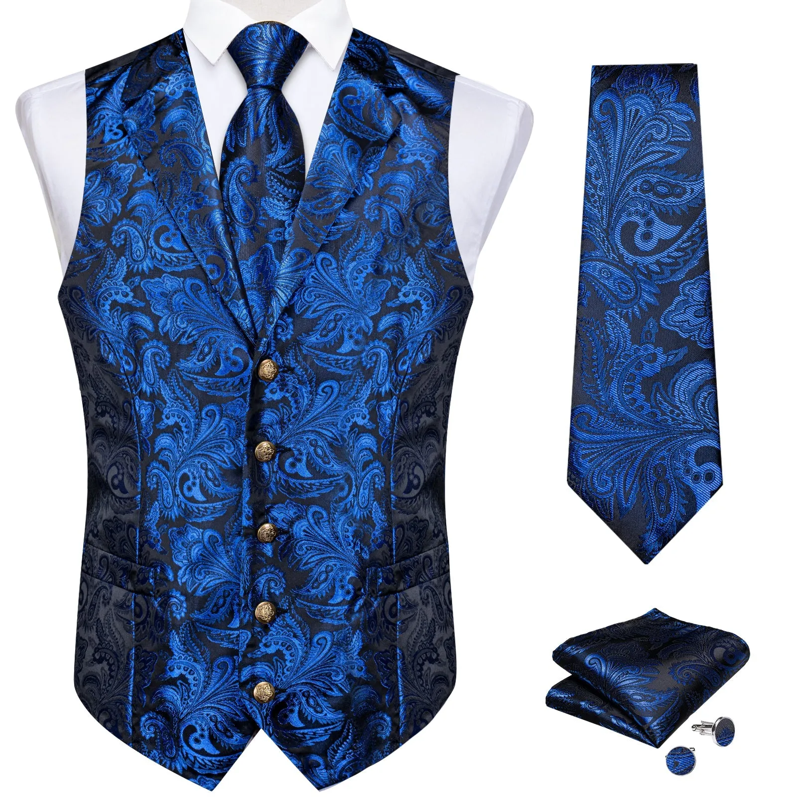 Ties2you Men's Suit Vest Royal Blue Paisley Notched Collar Vest Tie Hanky Cufflinks Set Waistcoat Set