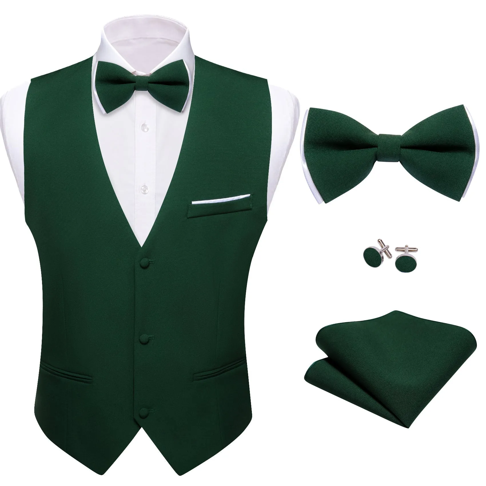 Ties2you Mens Vest Solid Dark Green Vest Bow Tie Set Waistcoat Suit Set