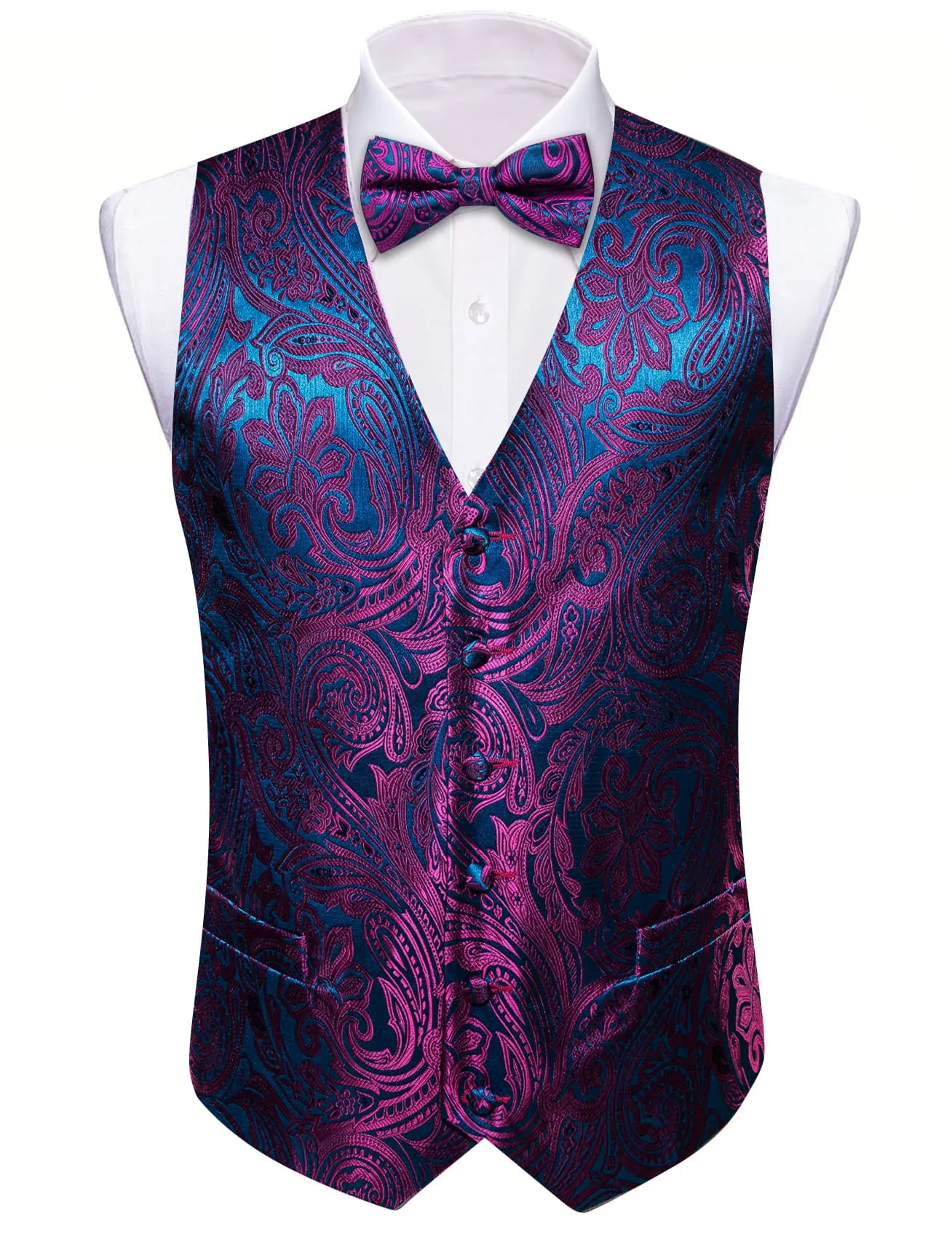 Ties2you Vest for Men Deep Purple Blue Paisley Silk Button Dress Vest Tie Pocket Square Cufflinks Set